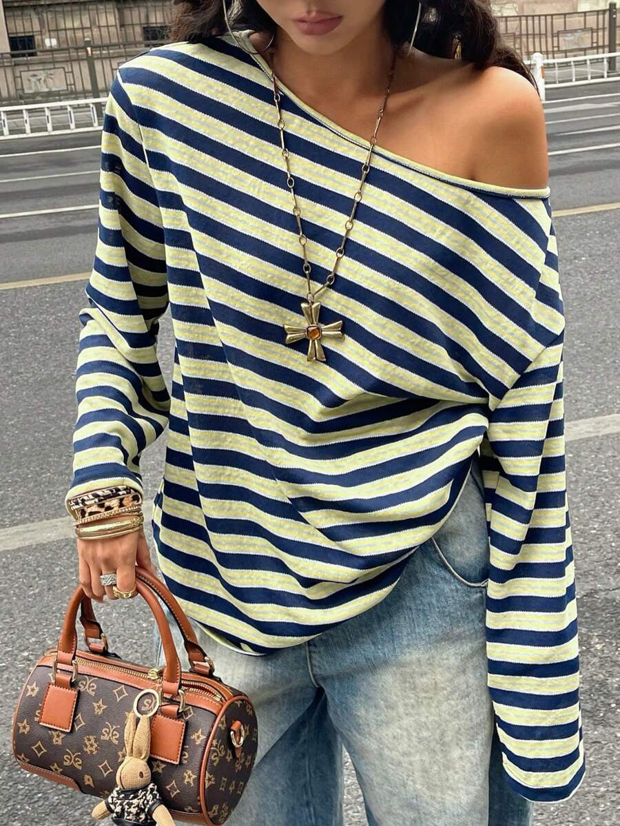 Women's brown striped boat neck long sleeve raglan T-shirt with a loose casual fit