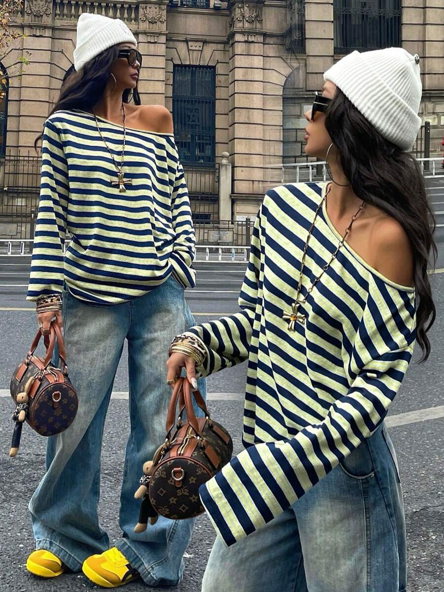 Women's brown striped boat neck long sleeve raglan T-shirt with a loose casual fit