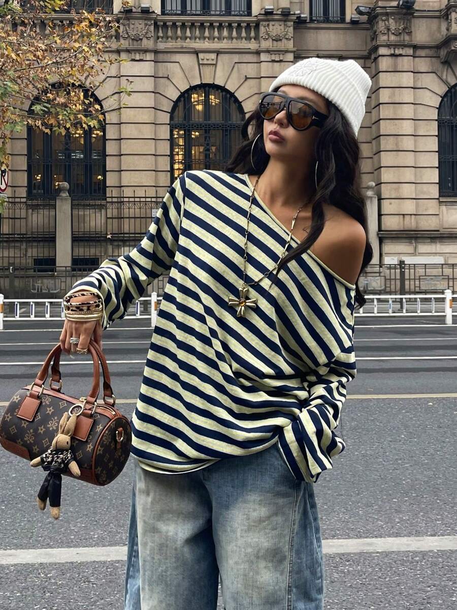 Women's brown striped boat neck long sleeve raglan T-shirt with a loose casual fit