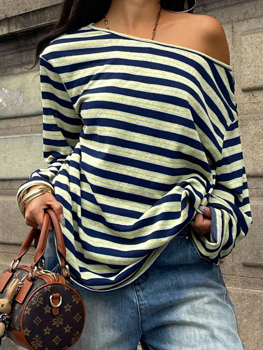 Women's brown striped boat neck long sleeve raglan T-shirt with a loose casual fit