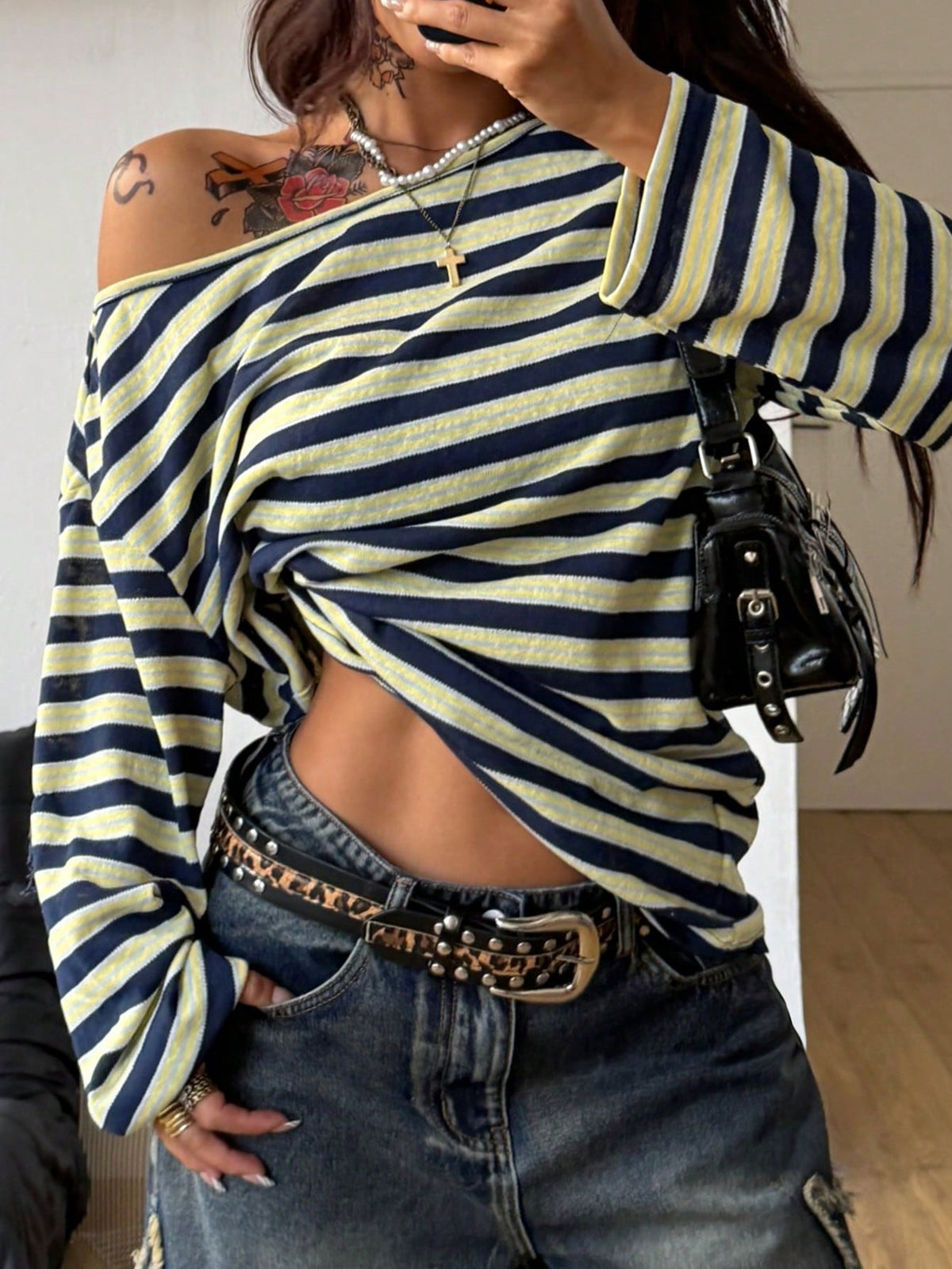 Women's brown striped boat neck long sleeve raglan T-shirt with a loose casual fit