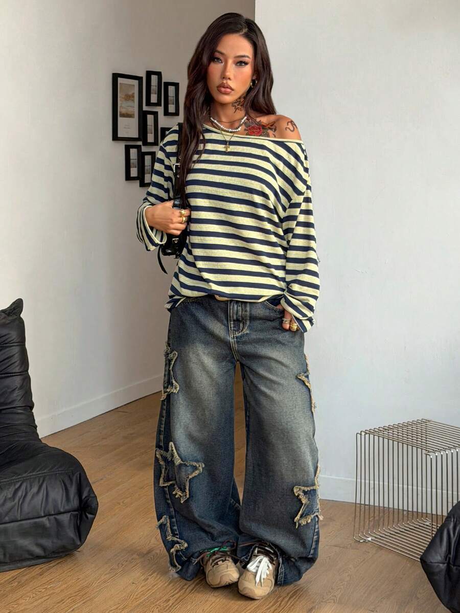 Women's brown striped boat neck long sleeve raglan T-shirt with a loose casual fit