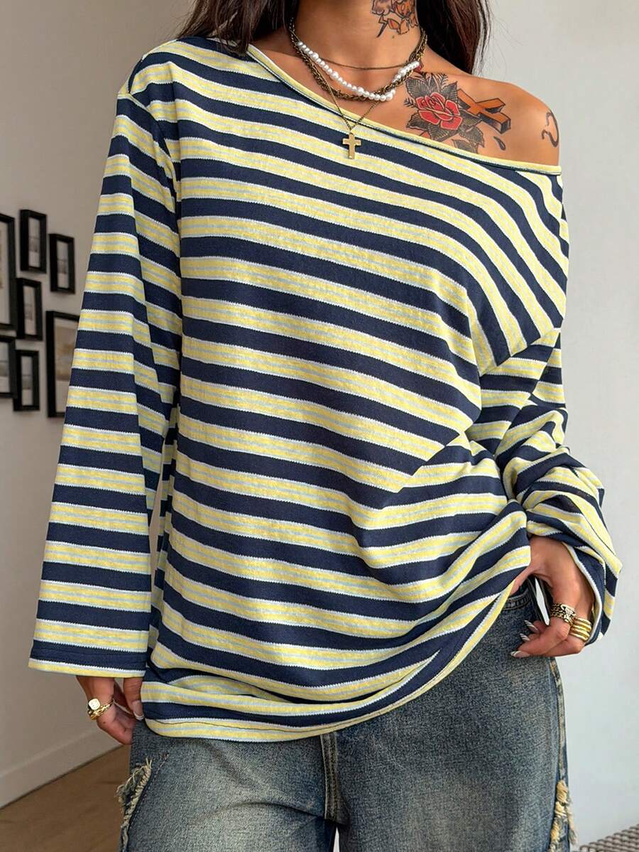 Women's brown striped boat neck long sleeve raglan T-shirt with a loose casual fit