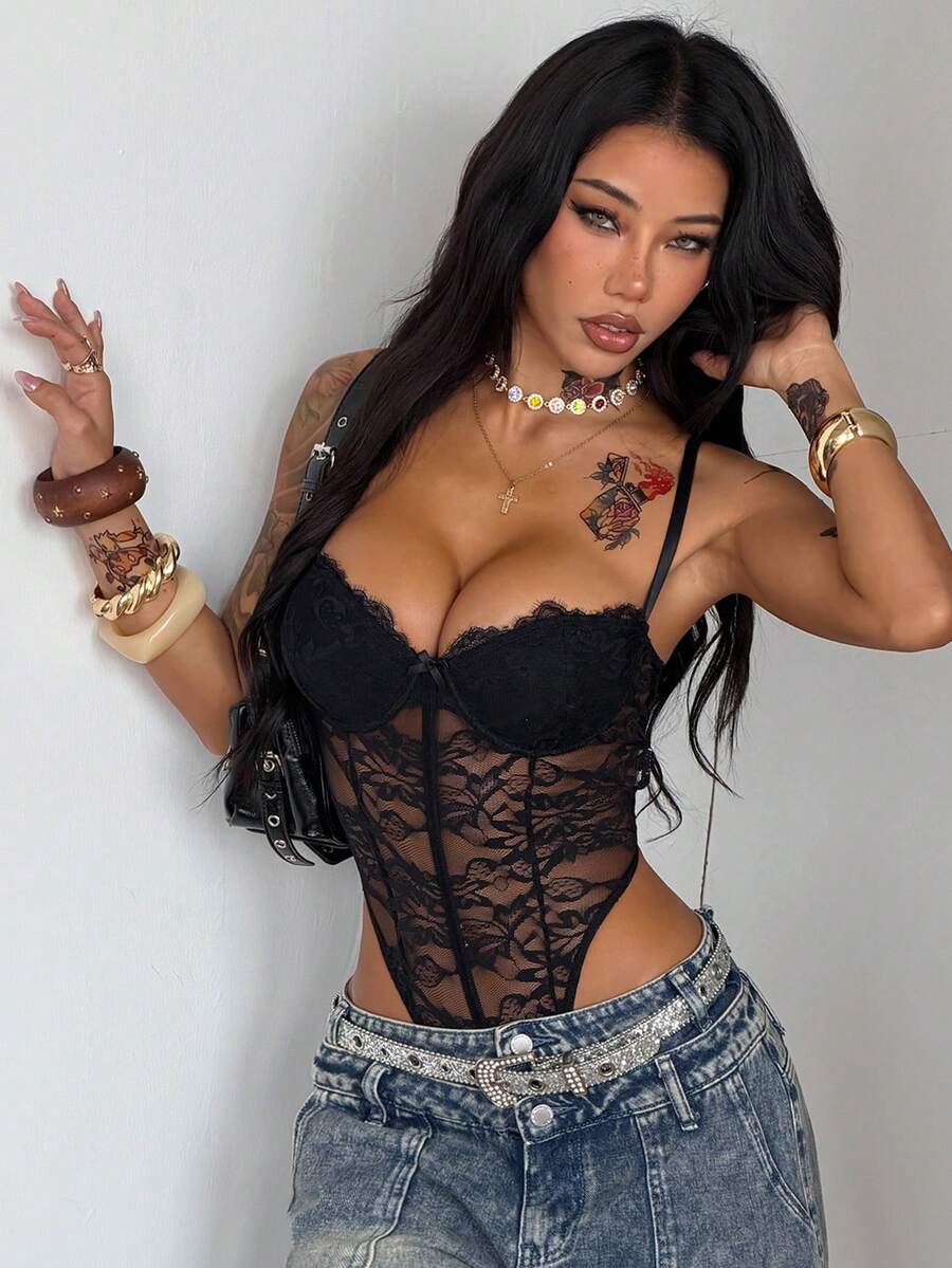 Fitted women's lace and mesh cami bodysuit with spaghetti straps.