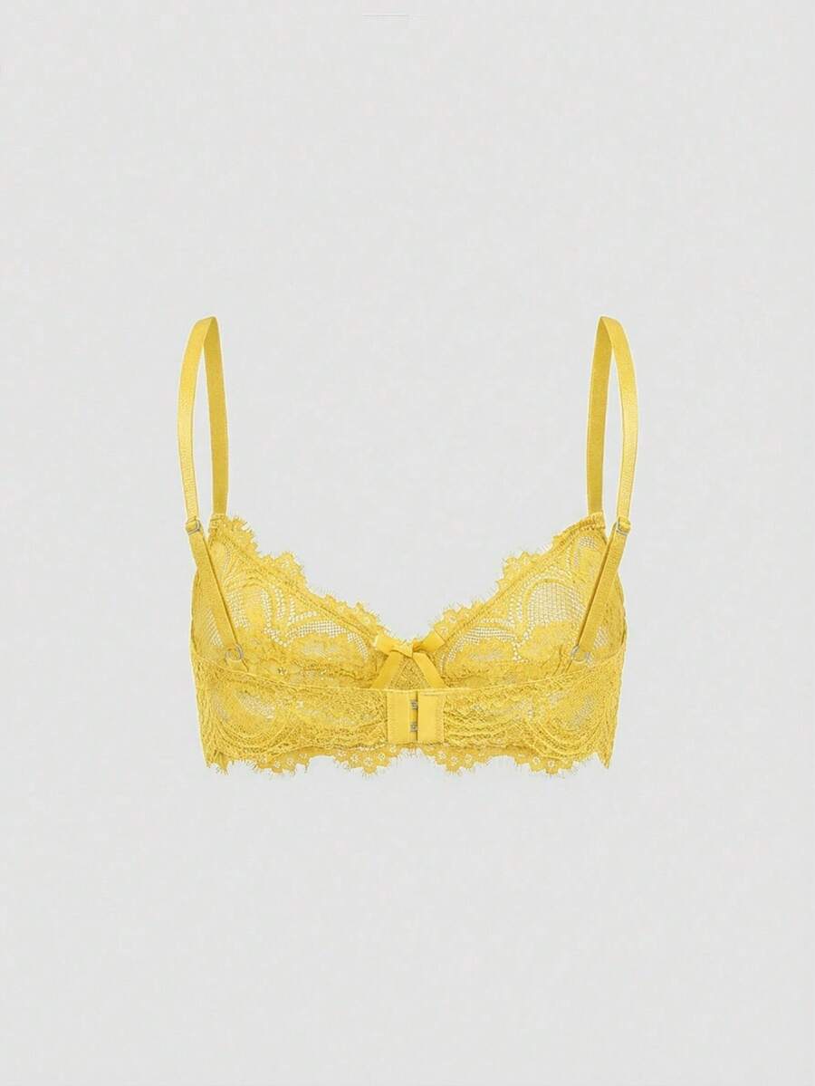 Sheer floral lace underwire triangle bra for women featuring adjustable straps and plunge cup design.