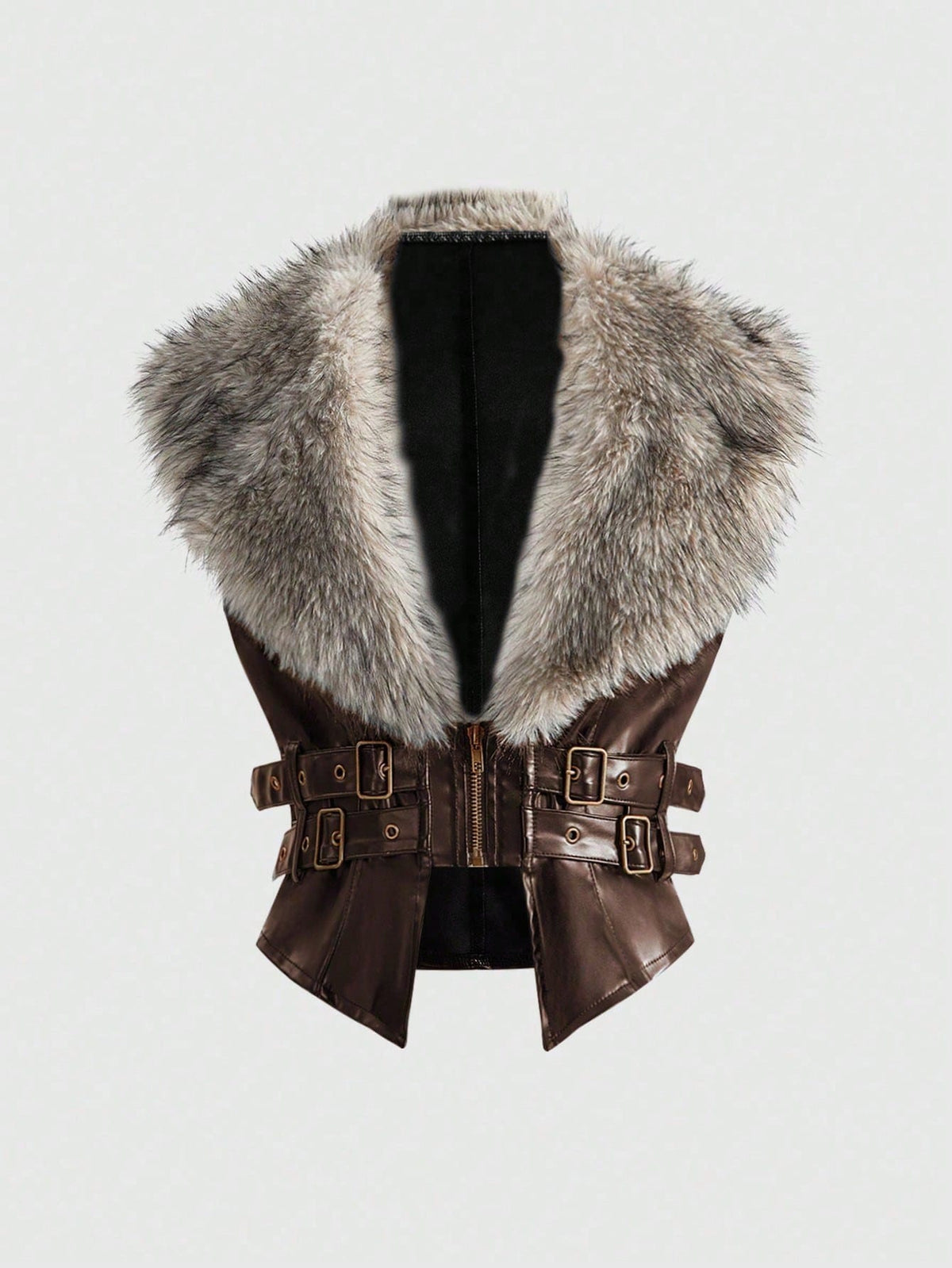 Women's slim fit cropped PU leather jacket featuring a detachable contrast faux fur shawl collar and a belted waist.