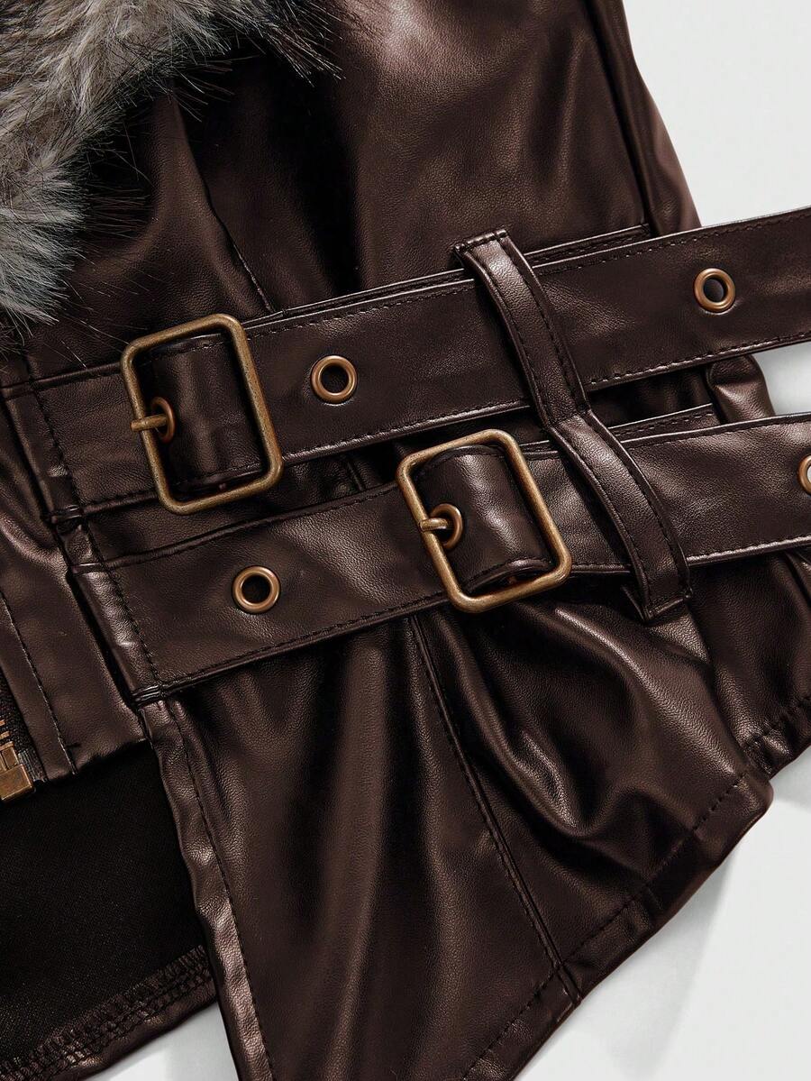 Women's slim fit cropped PU leather jacket featuring a detachable contrast faux fur shawl collar and a belted waist.