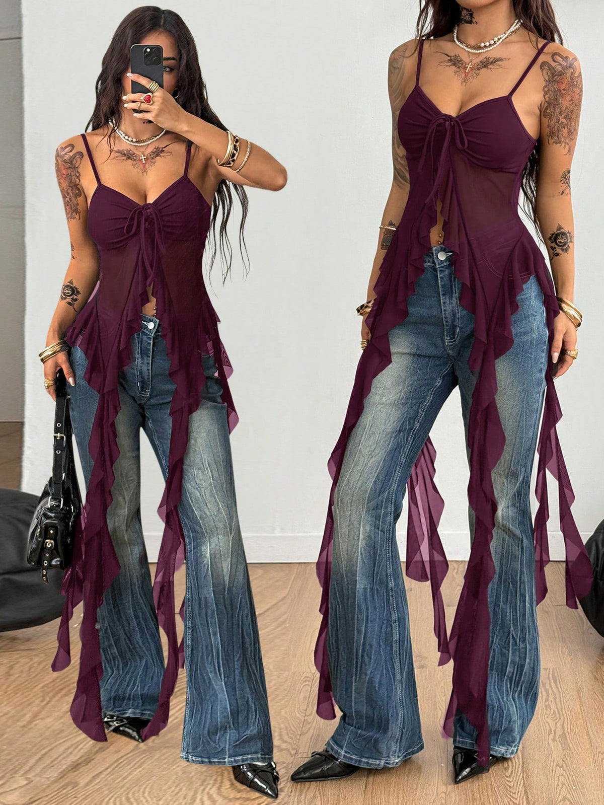 Burgundy sleeveless asymmetrical mesh long top for women featuring spaghetti straps and lace-up details with a slim fit.