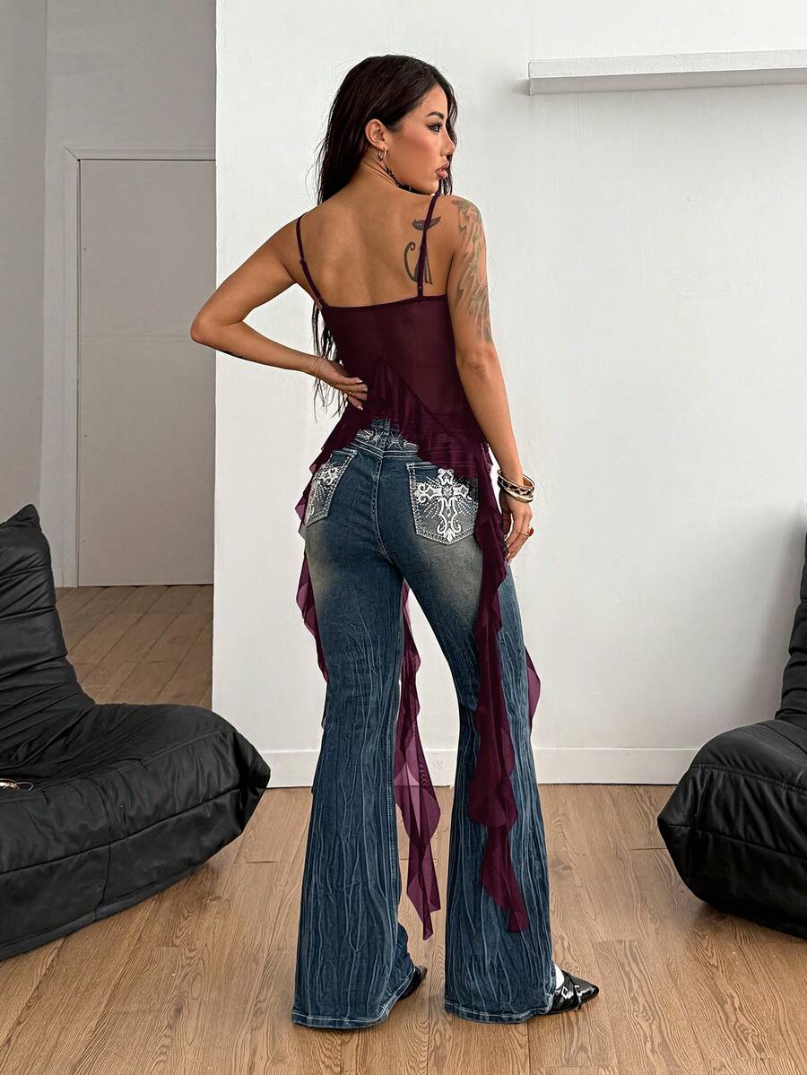 Burgundy sleeveless asymmetrical mesh long top for women featuring spaghetti straps and lace-up details with a slim fit.