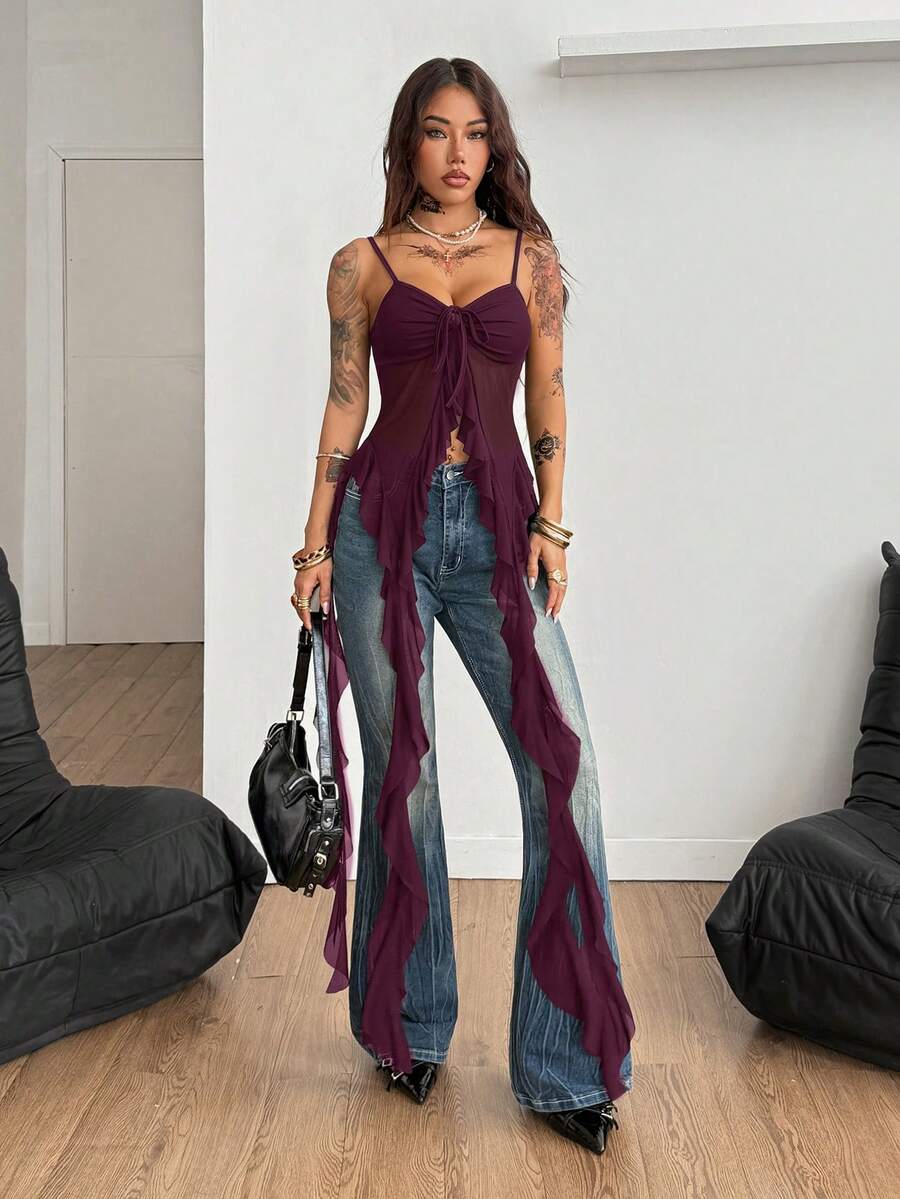 Burgundy sleeveless asymmetrical mesh long top for women featuring spaghetti straps and lace-up details with a slim fit.