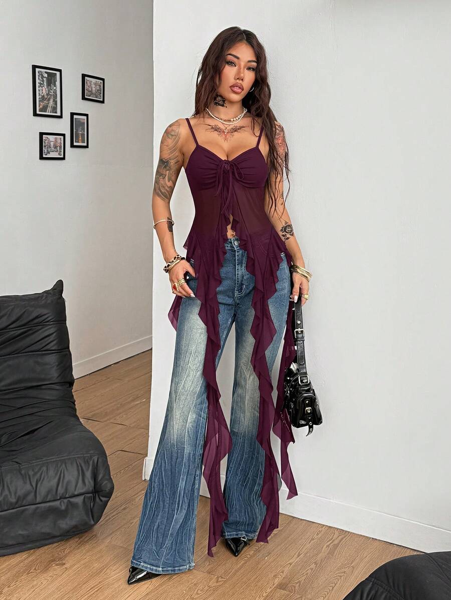 Burgundy sleeveless asymmetrical mesh long top for women featuring spaghetti straps and lace-up details with a slim fit.