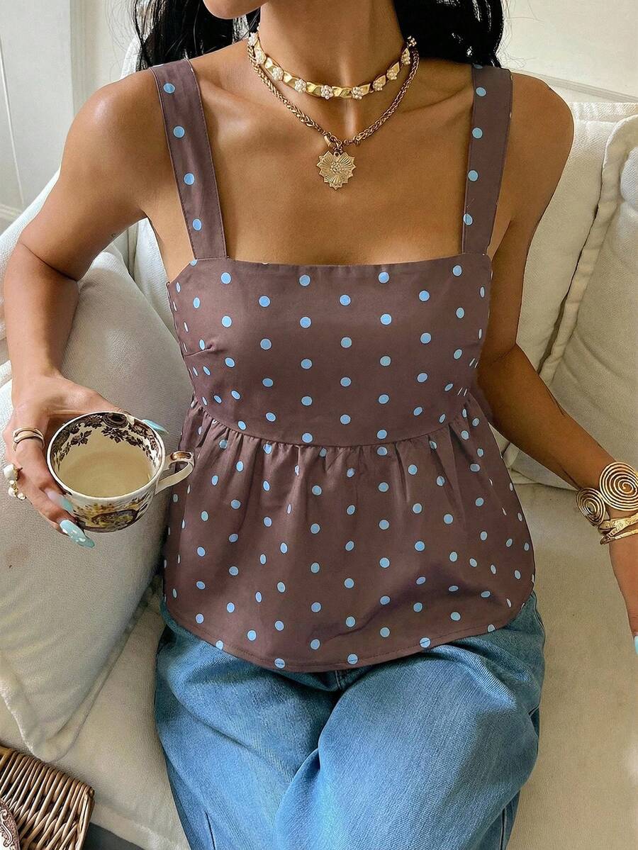 Women's casual polka dot tank top with tie-front knot, strap neckline, backless design, and ruffle flared hem