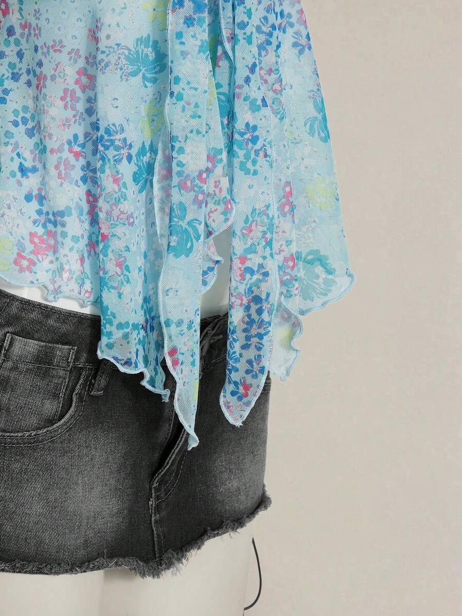 Women's white cherry print cami top with wide straps, ruched knot detail, and an asymmetrical hem