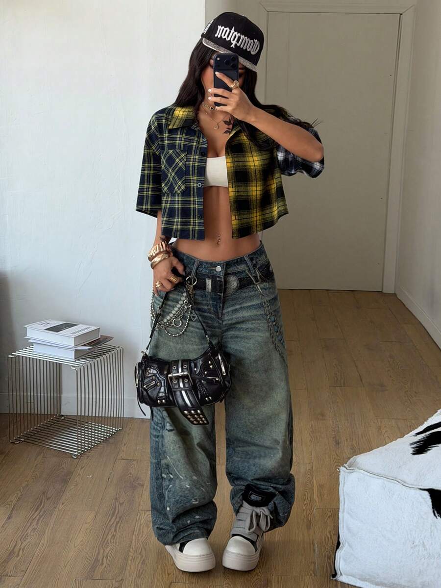 Women's plaid crop shirt with button front, chest pocket, short sleeves, and loose casual fit.