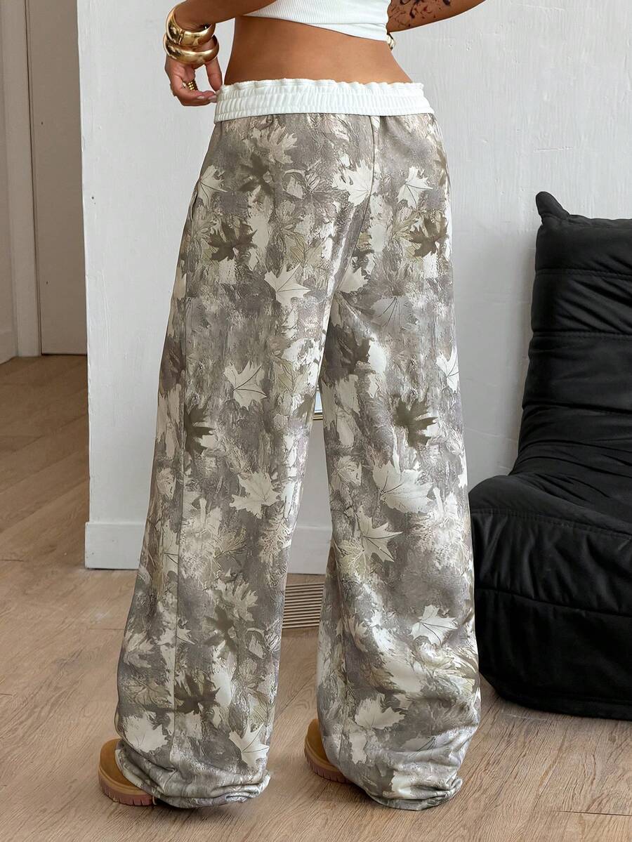 Women's striped straight leg casual trousers with elastic mid waist and side pockets