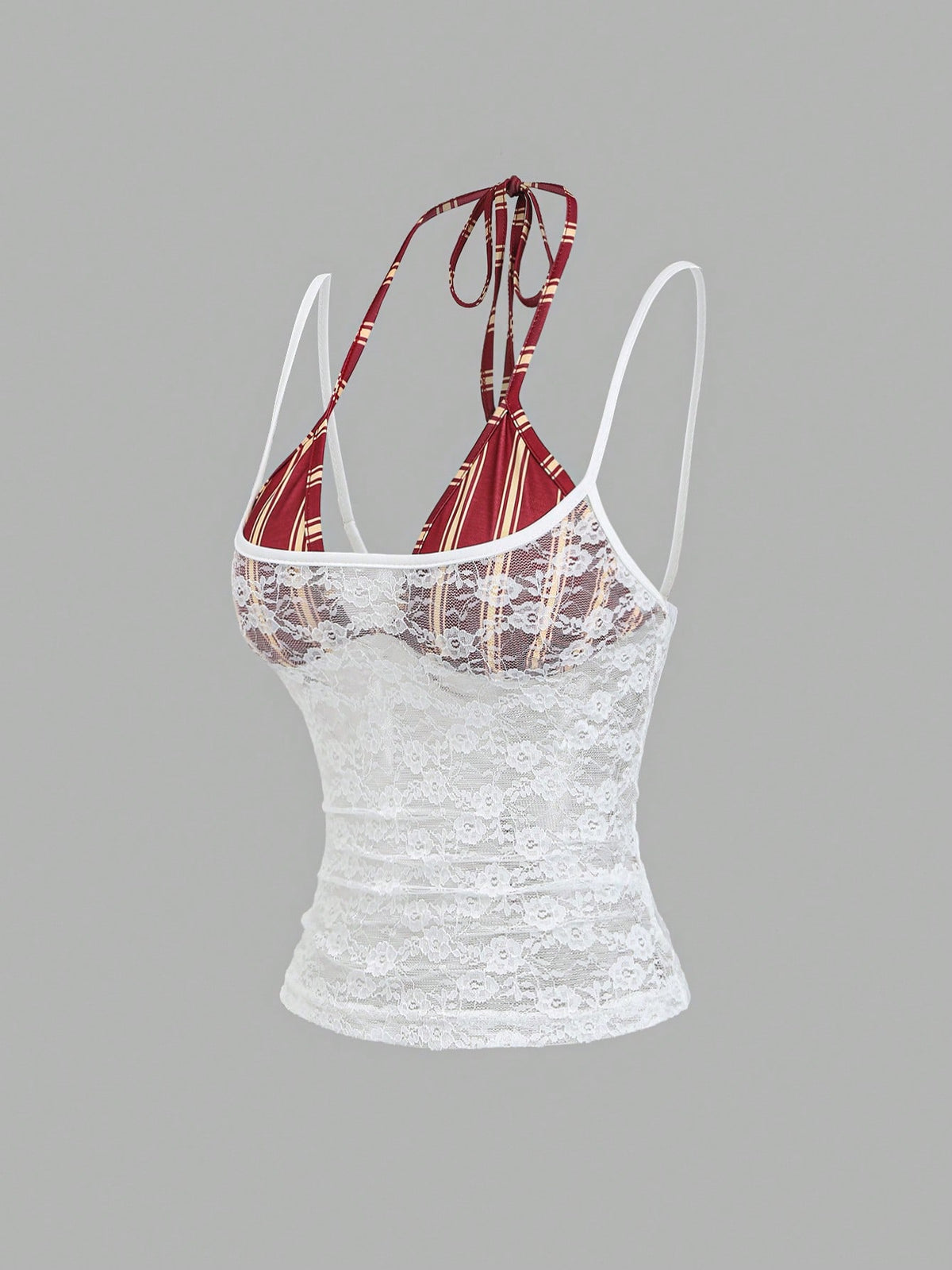 Women's black lace halter crop camisole featuring tie-back details, slim fit design, and matching arm sleeves.
