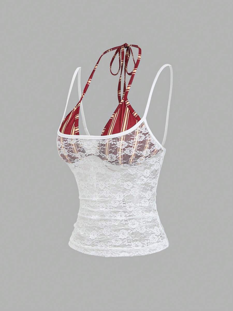 Women's black lace halter crop camisole featuring tie-back details, slim fit design, and matching arm sleeves.