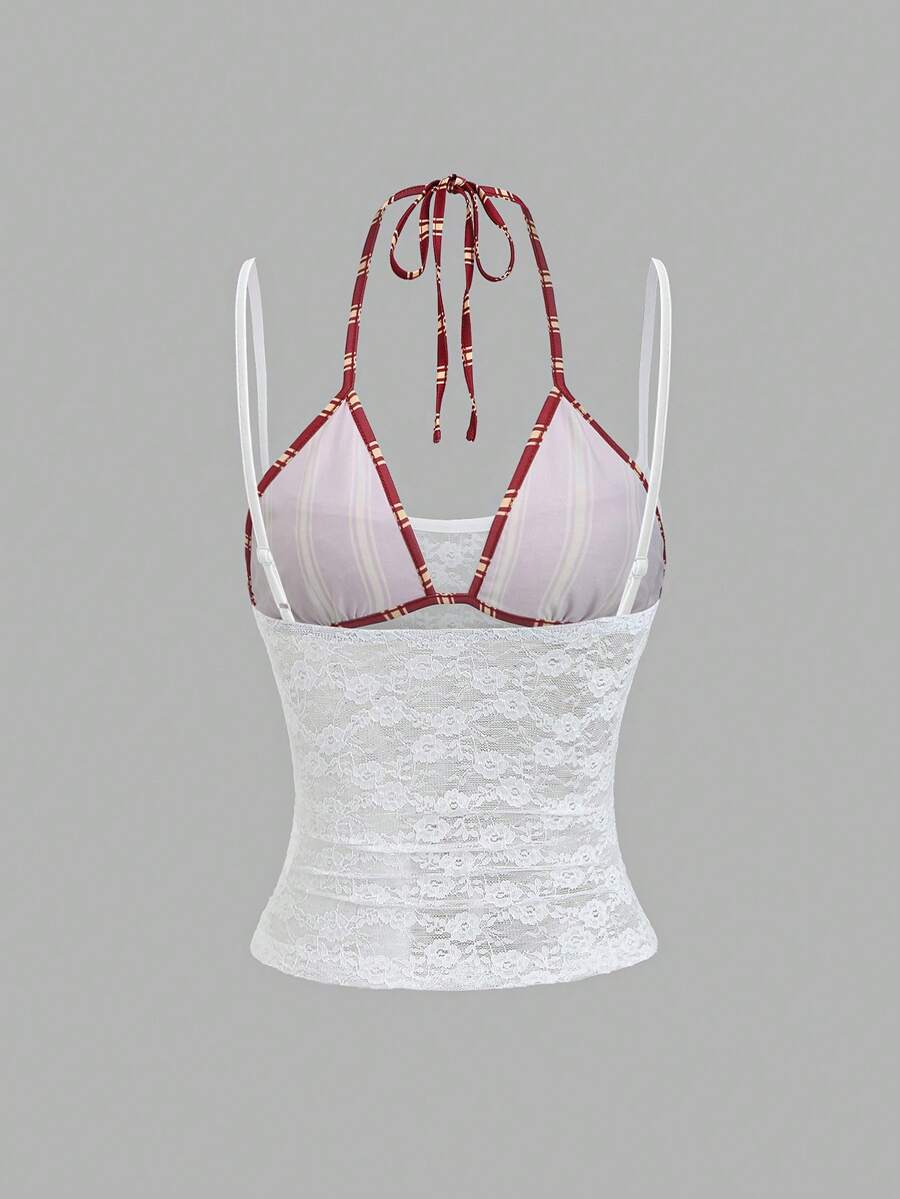 Women's black lace halter crop camisole featuring tie-back details, slim fit design, and matching arm sleeves.