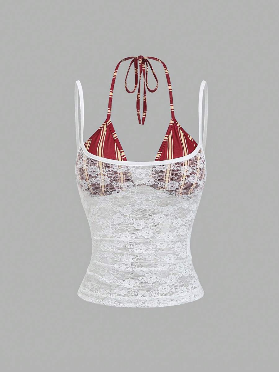 Women's black lace halter crop camisole featuring tie-back details, slim fit design, and matching arm sleeves.