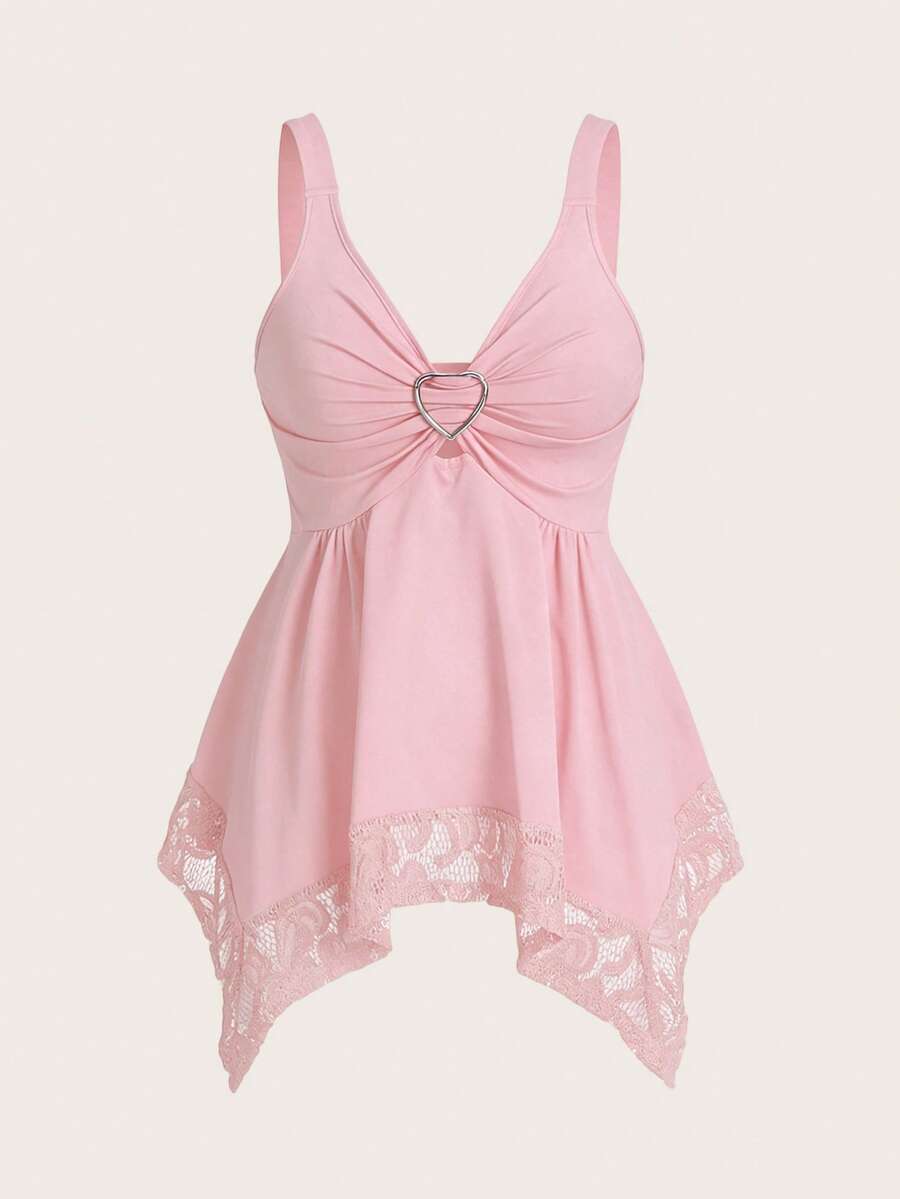 Olithes women contrast lace decorated heart shaped and floral splicing Y2K tank top featuring wide straps and asymmetrical hem.
