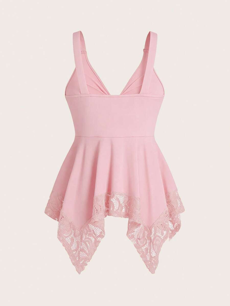 Olithes women contrast lace decorated heart shaped and floral splicing Y2K tank top featuring wide straps and asymmetrical hem.