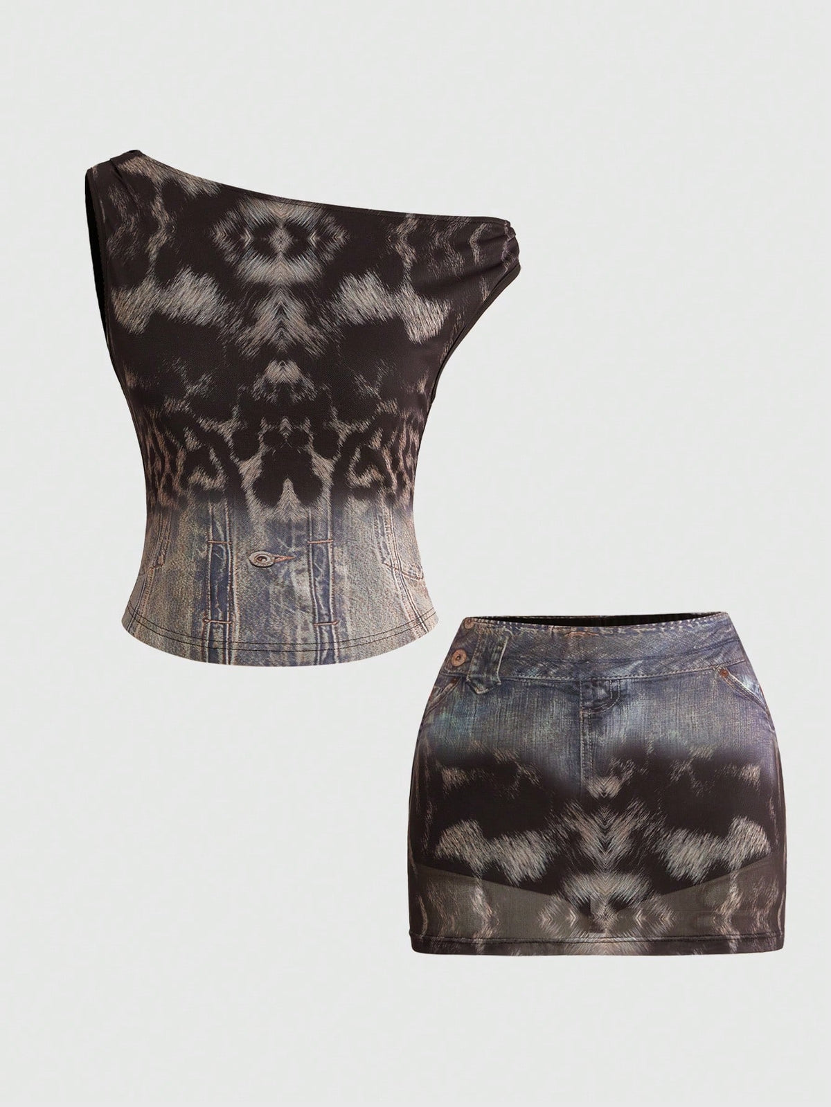 Women's Y2K animal print 2-piece set featuring a sleeveless asymmetrical neck mesh crop top and matching slim-fit mini skirt.