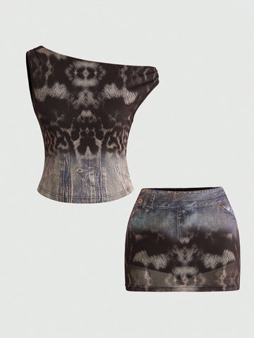 Women's Y2K animal print 2-piece set featuring a sleeveless asymmetrical neck mesh crop top and matching slim-fit mini skirt.