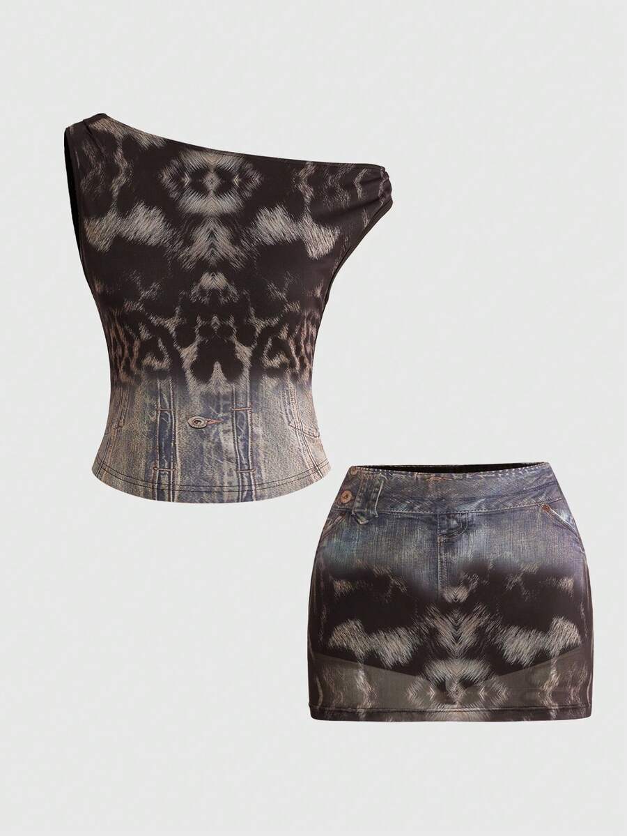 Women's Y2K animal print 2-piece set featuring a sleeveless asymmetrical neck mesh crop top and matching slim-fit mini skirt.