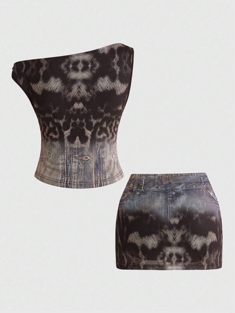 Women's Y2K animal print 2-piece set featuring a sleeveless asymmetrical neck mesh crop top and matching slim-fit mini skirt.