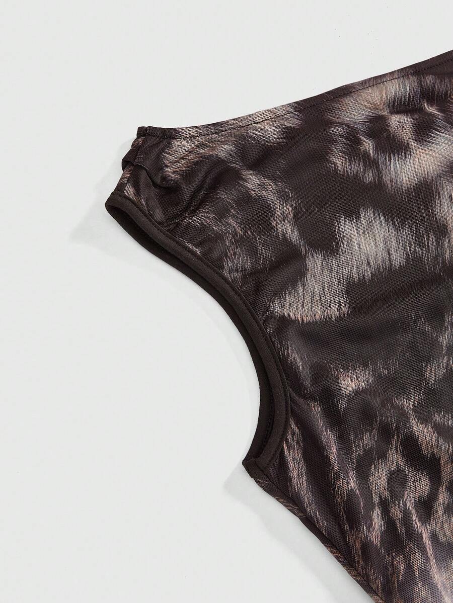 Women's Y2K animal print 2-piece set featuring a sleeveless asymmetrical neck mesh crop top and matching slim-fit mini skirt.