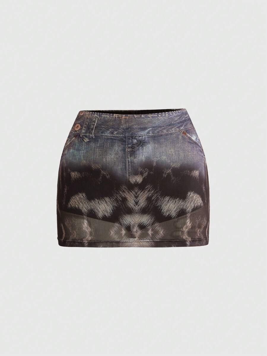 Women's Y2K animal print 2-piece set featuring a sleeveless asymmetrical neck mesh crop top and matching slim-fit mini skirt.