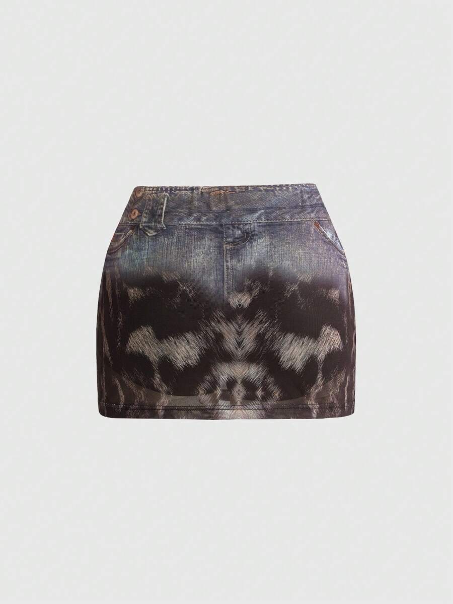 Women's Y2K animal print 2-piece set featuring a sleeveless asymmetrical neck mesh crop top and matching slim-fit mini skirt.