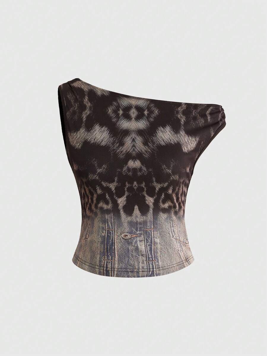 Women's Y2K animal print 2-piece set featuring a sleeveless asymmetrical neck mesh crop top and matching slim-fit mini skirt.