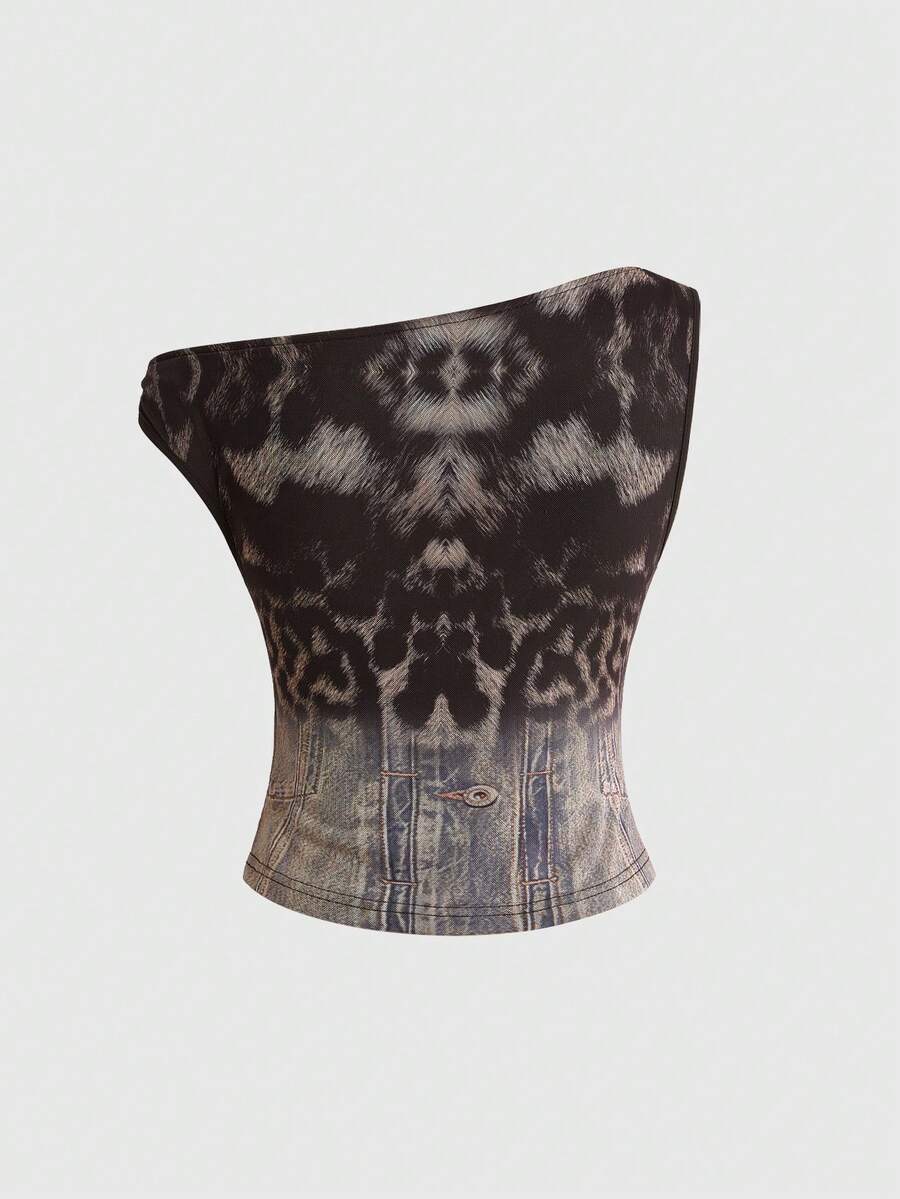 Women's Y2K animal print 2-piece set featuring a sleeveless asymmetrical neck mesh crop top and matching slim-fit mini skirt.