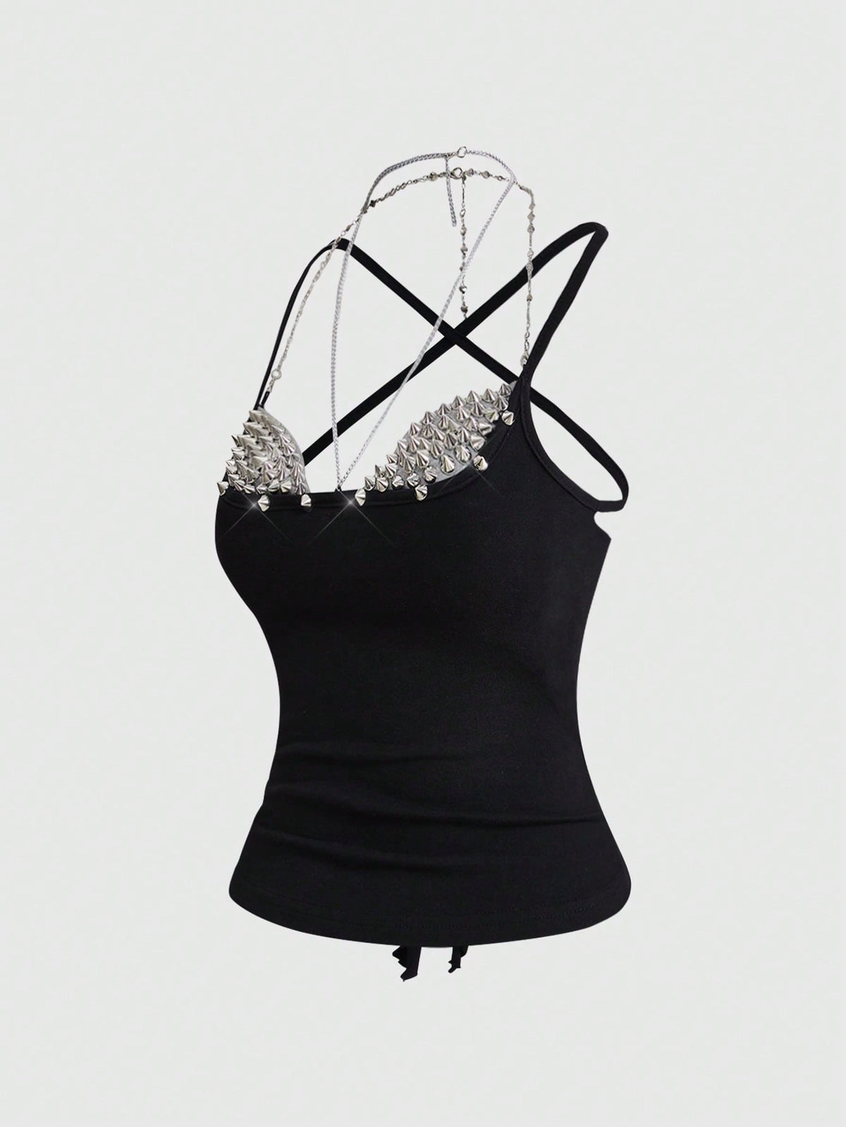 Y2K grunge punk halter backless crop top with criss-cross tie knot design and matching arm sleeves.