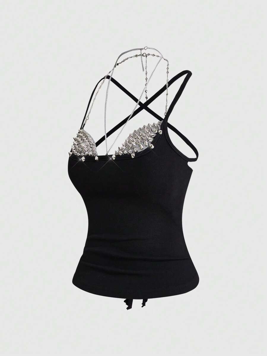 Y2K grunge punk halter backless crop top with criss-cross tie knot design and matching arm sleeves.