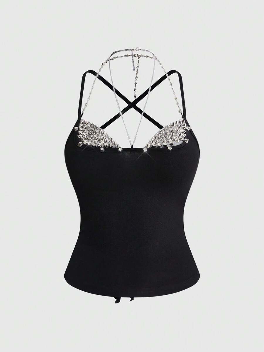 Y2K grunge punk halter backless crop top with criss-cross tie knot design and matching arm sleeves.