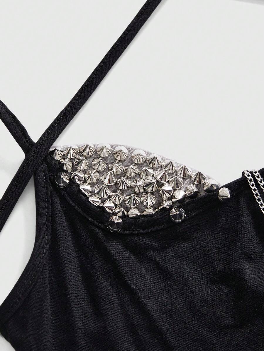 Y2K grunge punk halter backless crop top with criss-cross tie knot design and matching arm sleeves.