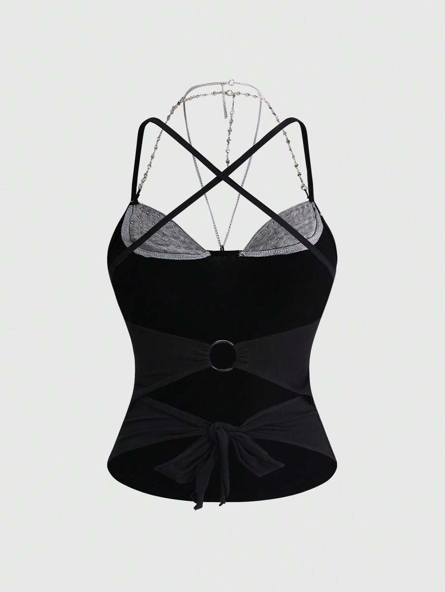 Y2K grunge punk halter backless crop top with criss-cross tie knot design and matching arm sleeves.
