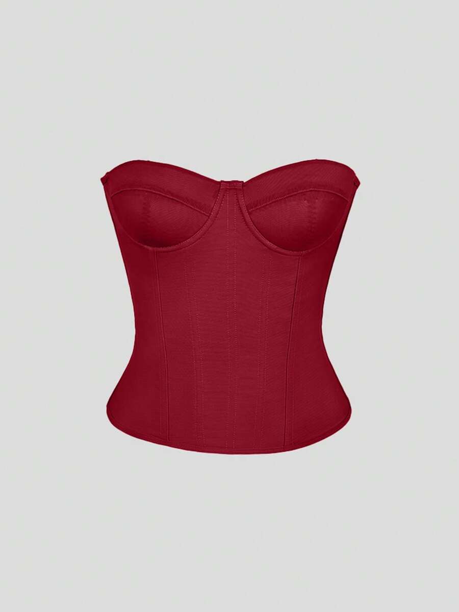 Solid color strapless corset tube top featuring a backless lace-up back design and cropped slim fit.