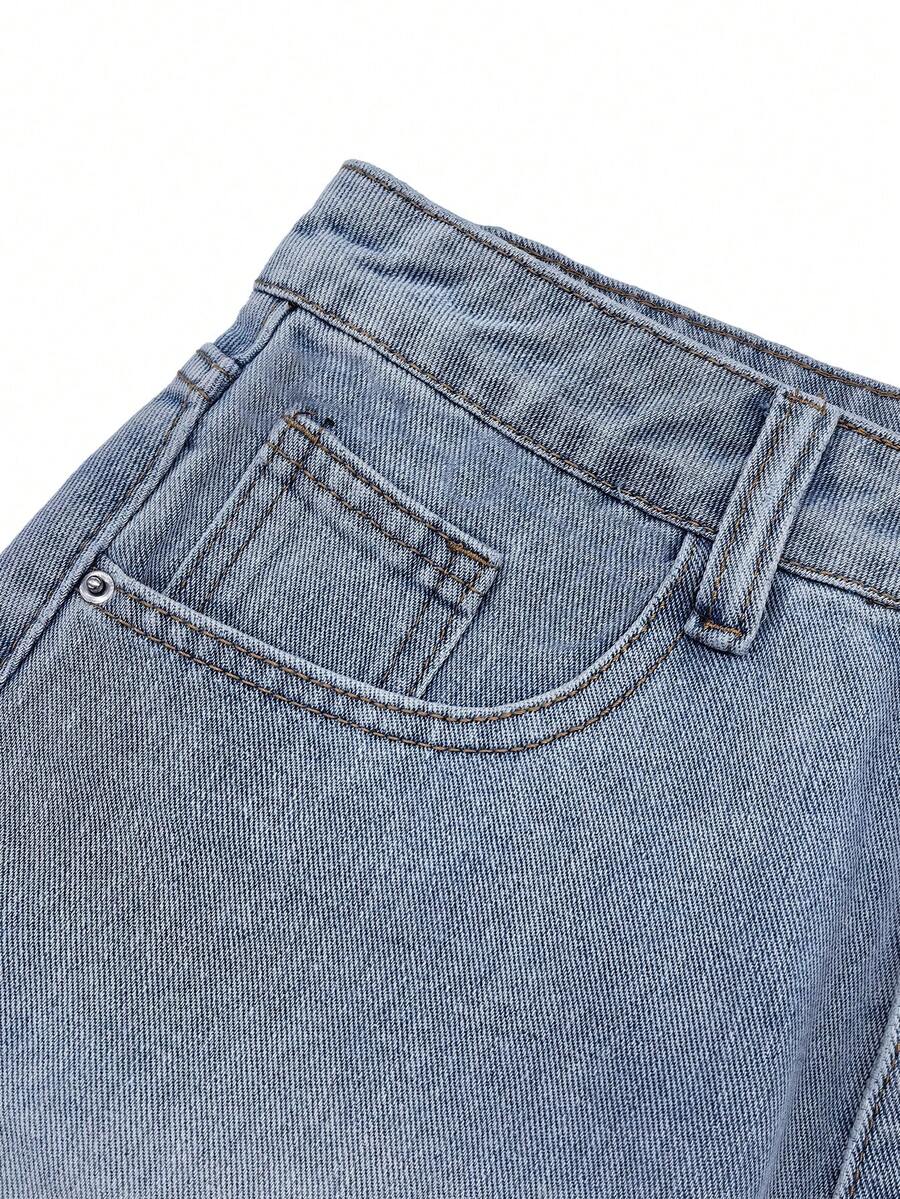 Y2K distressed mini skort with button and pocket details, natural mid waist, regular fit, and casual streetwear styling.