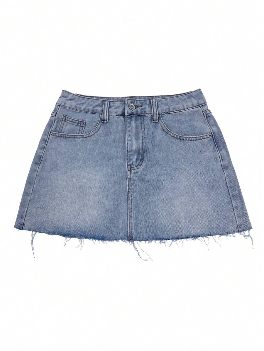 Y2K distressed mini skort with button and pocket details, natural mid waist, regular fit, and casual streetwear styling.