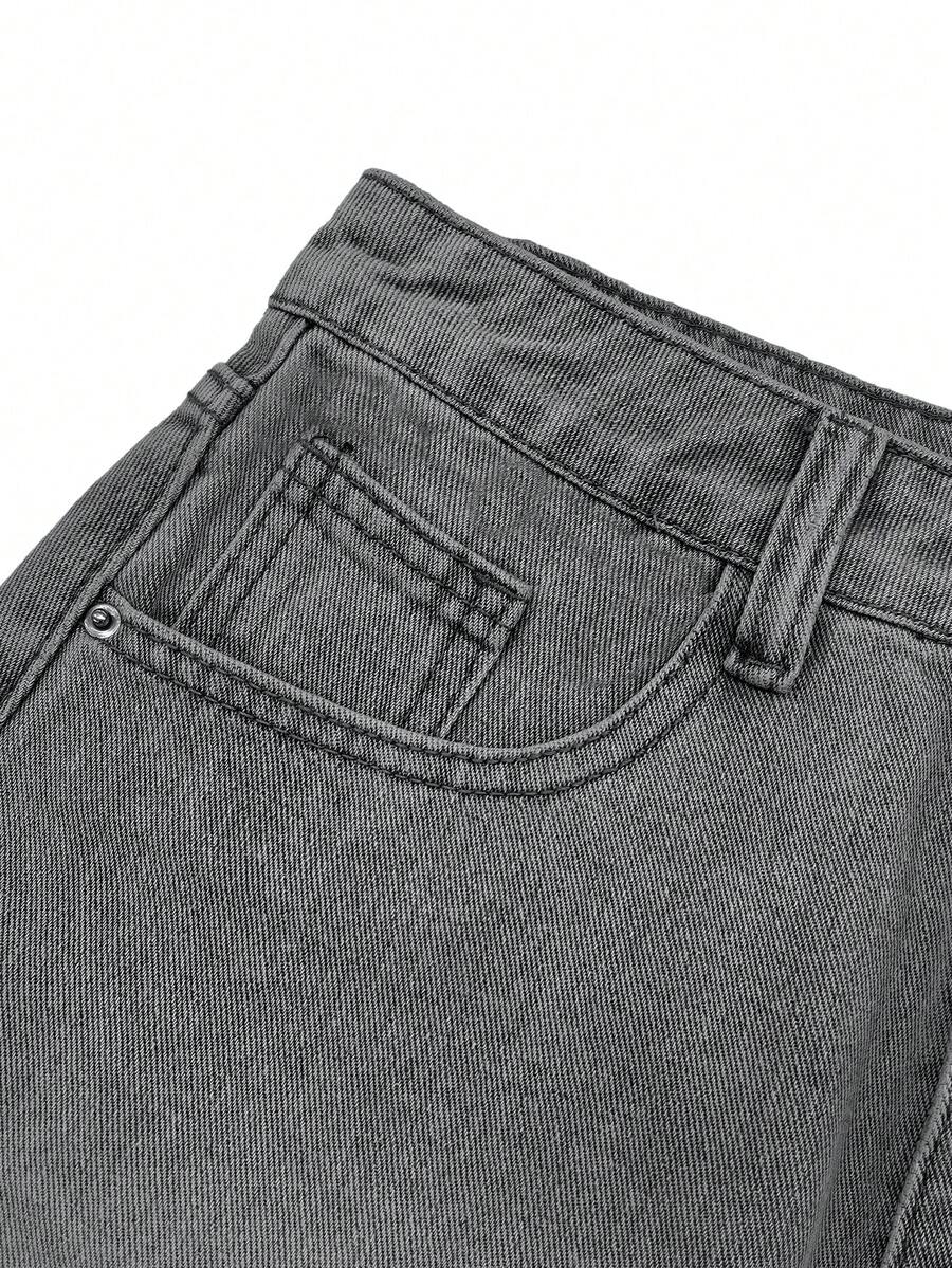 Y2K distressed mini skort with button and pocket details, natural mid waist, regular fit, and casual streetwear styling.