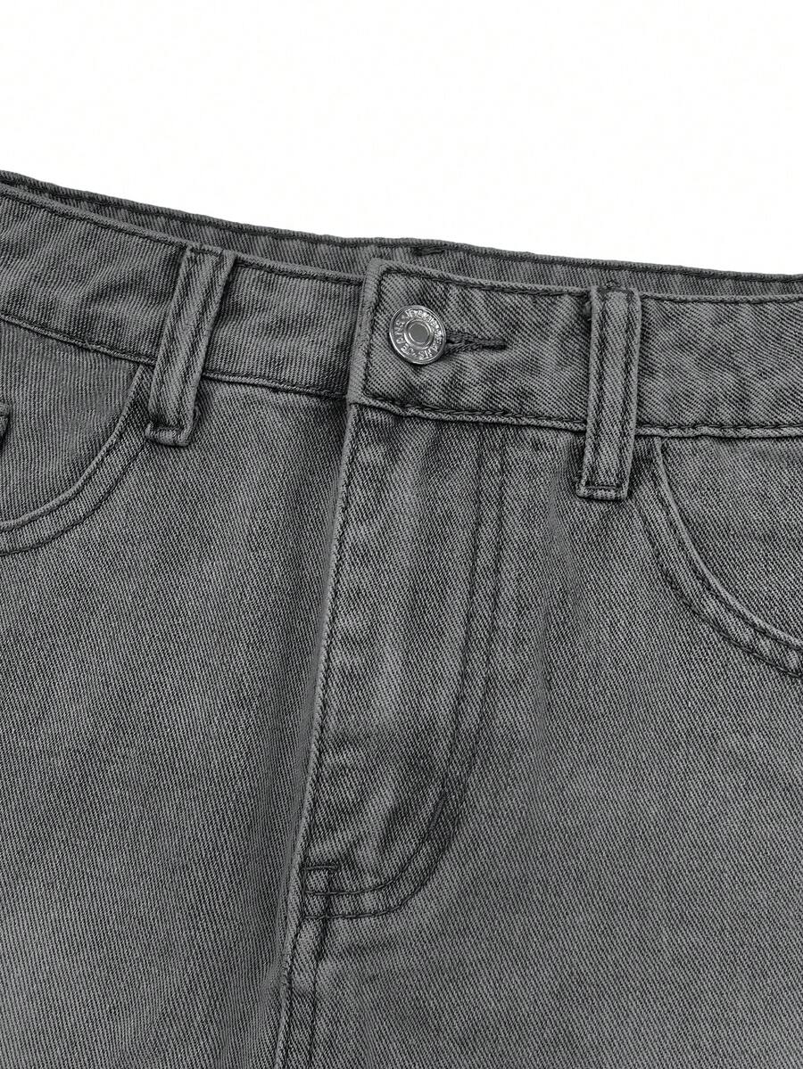 Y2K distressed mini skort with button and pocket details, natural mid waist, regular fit, and casual streetwear styling.