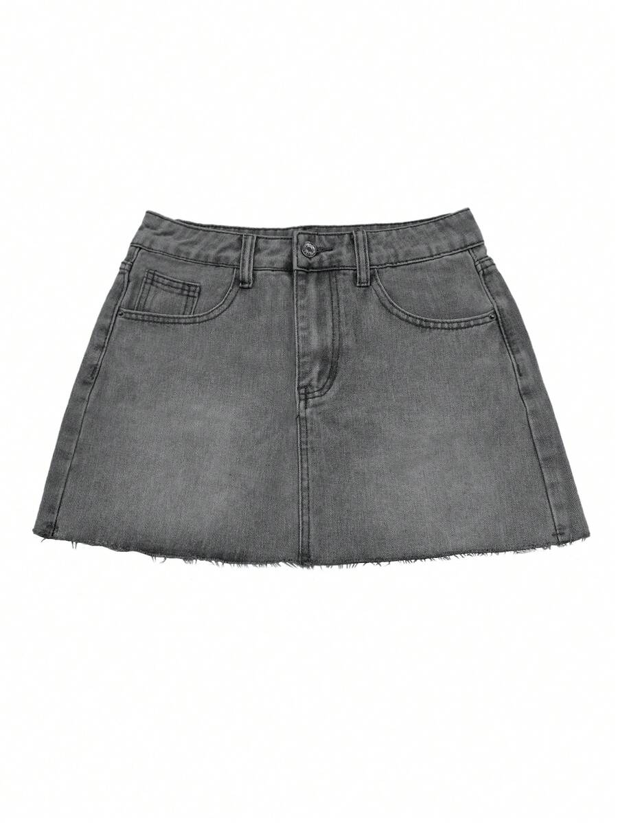 Y2K distressed mini skort with button and pocket details, natural mid waist, regular fit, and casual streetwear styling.