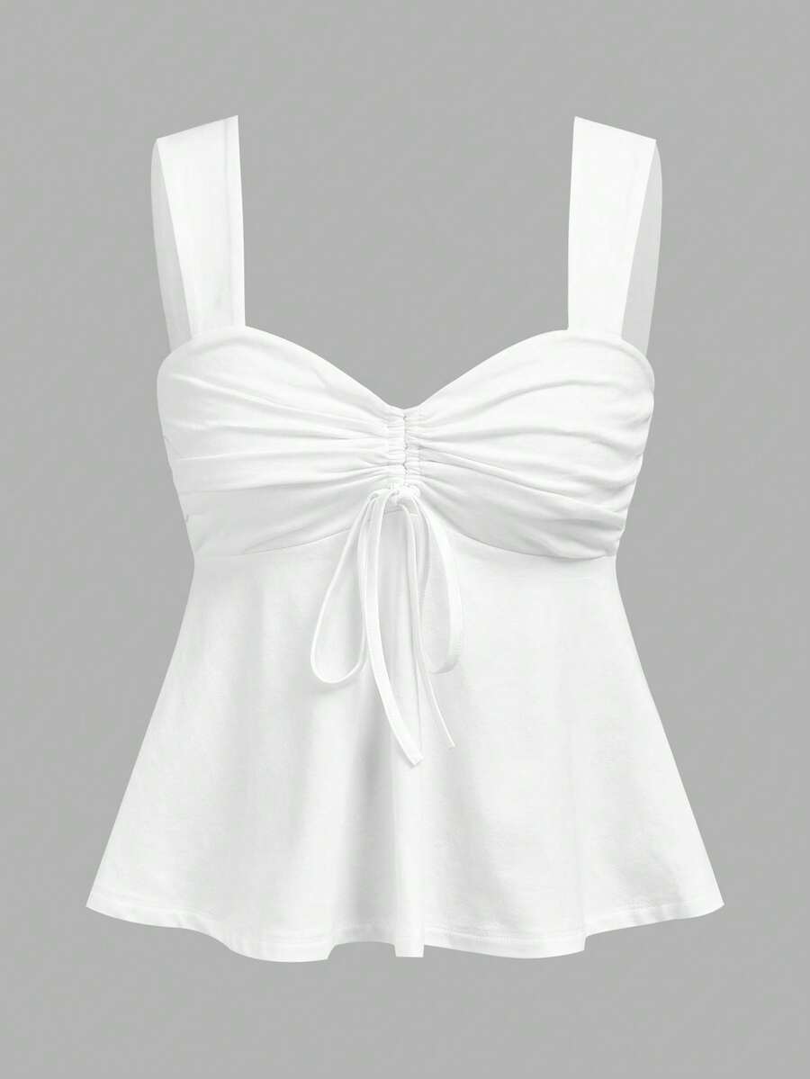 Women's white wide strap tank top with drawstring front, eyelet embroidery, ruffle hem, slim fit, and flared hem.