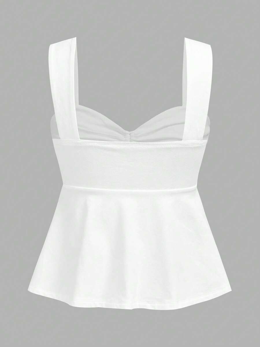 Women's white wide strap tank top with drawstring front, eyelet embroidery, ruffle hem, slim fit, and flared hem.