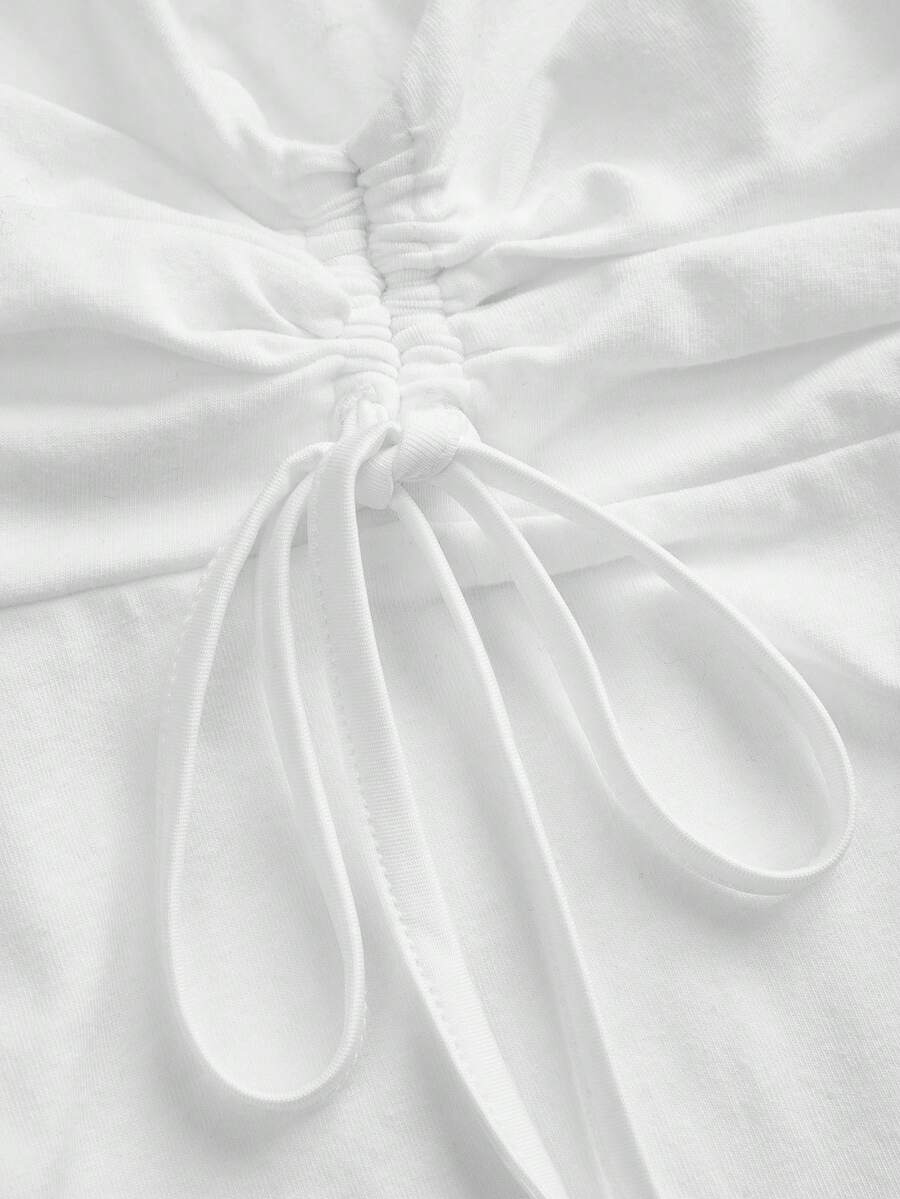 Women's white wide strap tank top with drawstring front, eyelet embroidery, ruffle hem, slim fit, and flared hem.