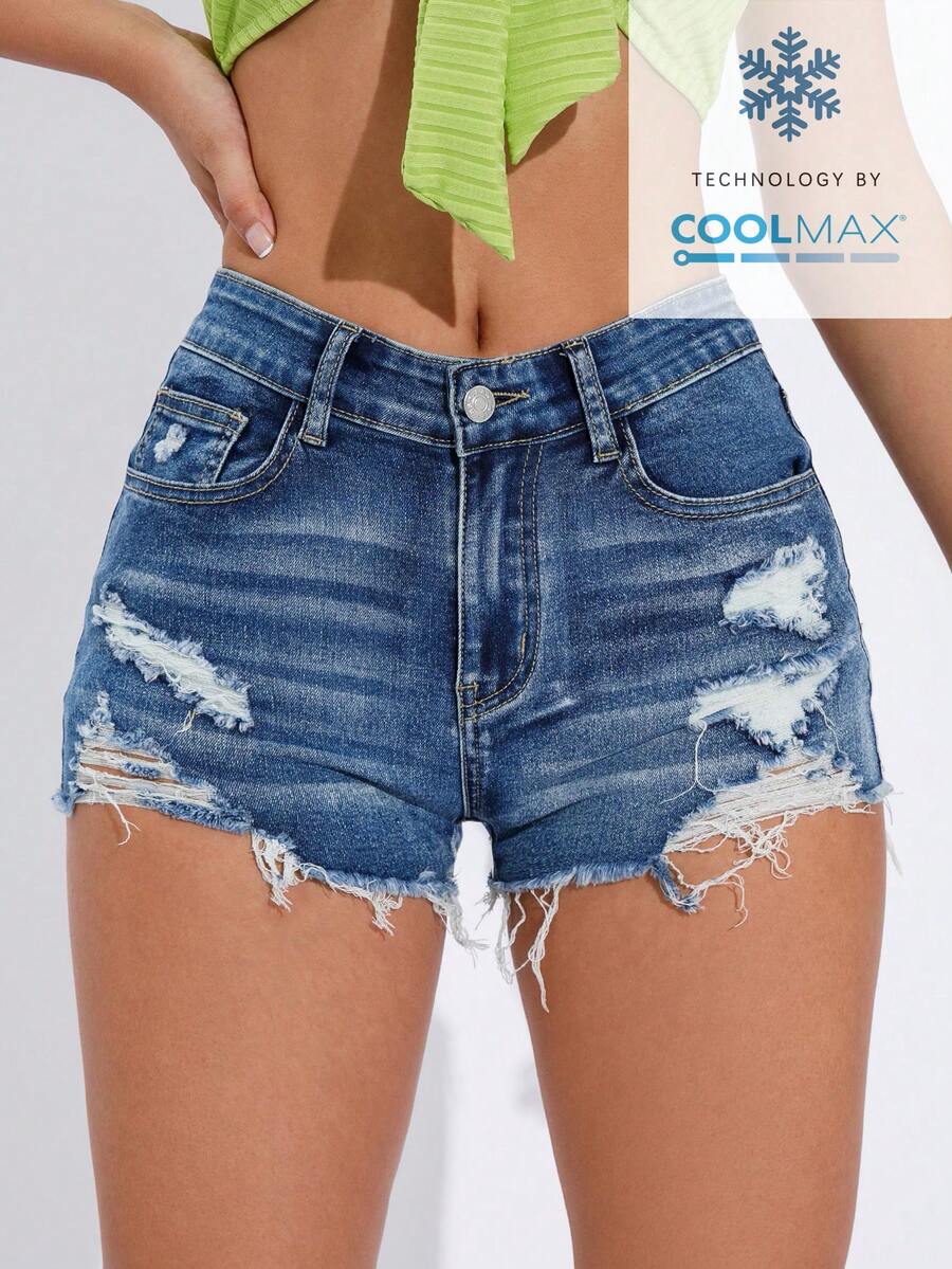Women's solid color shorts with zipper fly, button closure, pockets, ripped details, and raw hem in a casual straight-leg short length
