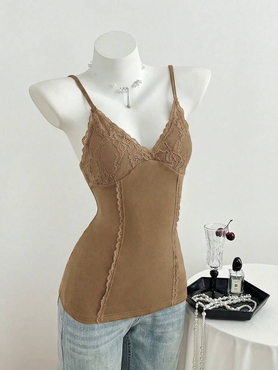 Women's slim fit backless cami tank top with contrast lace patchwork details, spaghetti straps, and high-stretch knitted ribbed fabric.